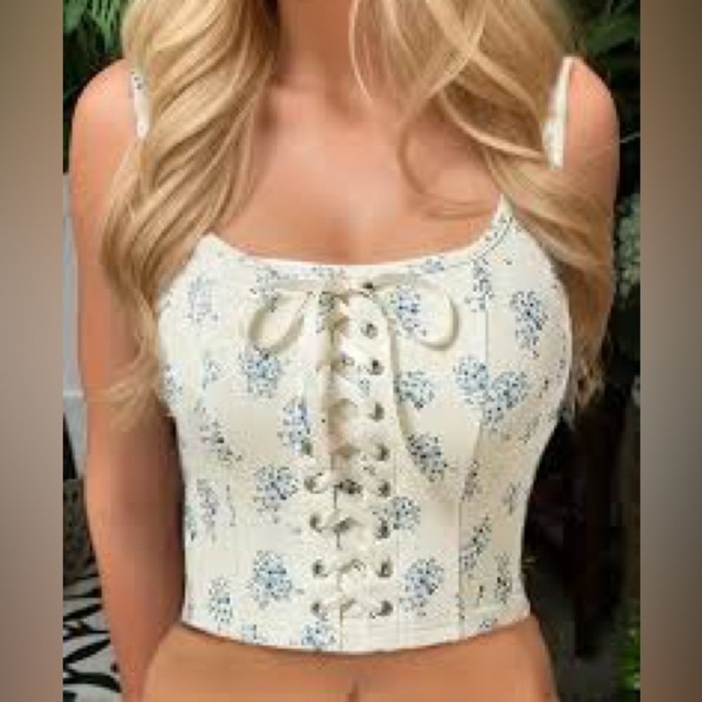 Verdusa Women's Boho Square Neck Crop Top Floral Print Lace Up Front Tank Top